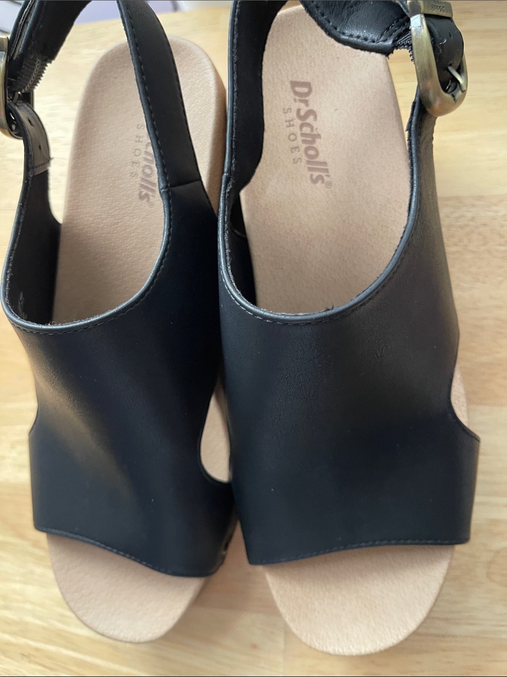 Dr. Scholl's Black Leather Platform Wooden Clog Mules with Brass Studs